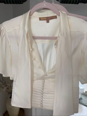 Cream Silk-Blend Tie-Neck Blouse
